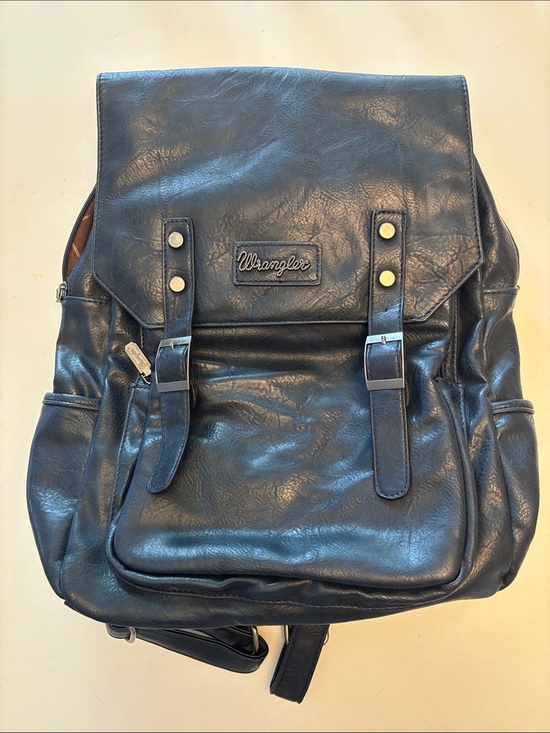 Wrangler Handbags - Wrangler Navy Faux Leather Backpack with Buckle Flap and laptop sleeve